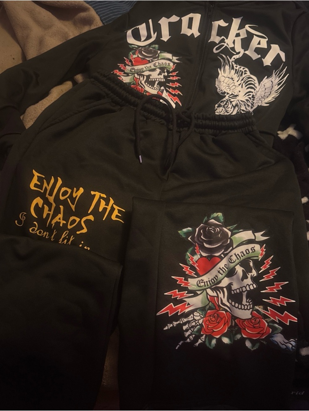 Ed Hardy Black Graphic Jumpsuit with Red & Green Skull Art